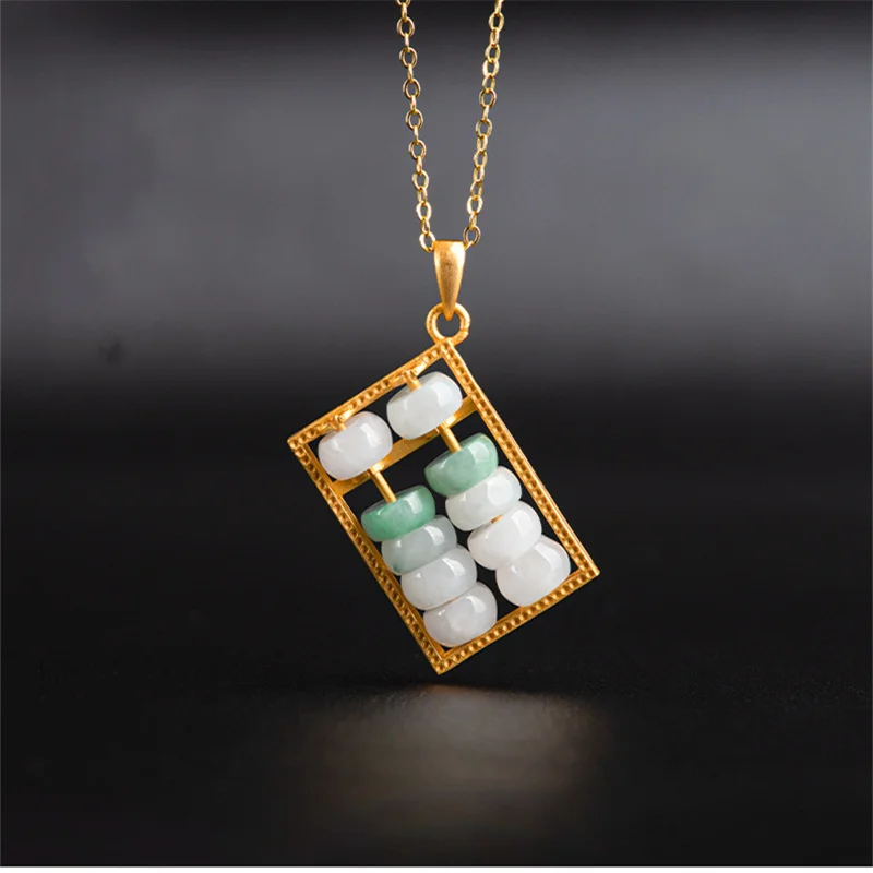 

Mai Chuang/Hand Carved/ Jade Silver Inlaid Lucky Abacus Emerald Necklace Pendant Fashion Elegant Jewelry Men Women Couple Gift