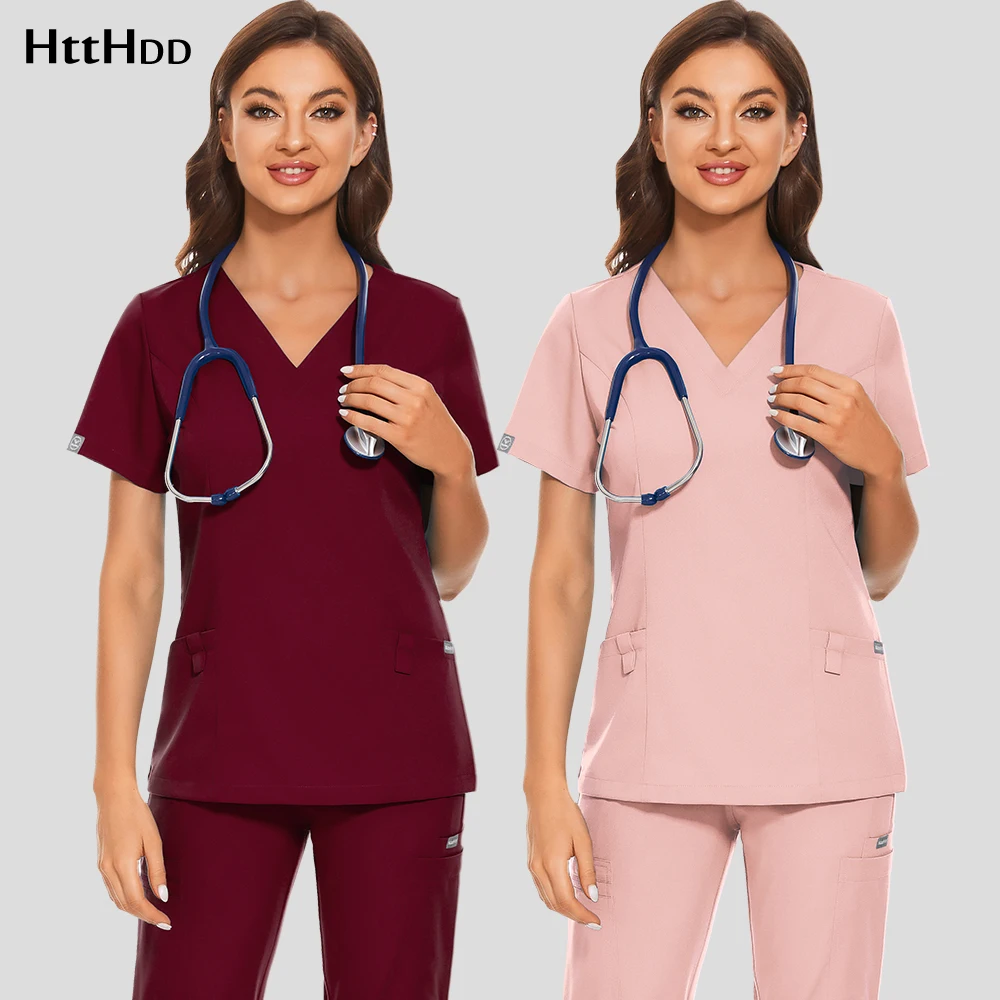 

High Quality Joggers Tops Solid Color Nursing Scrubs Tops Spa Uniforms Pet Clinic Nurse Blouse Medical Doctor Jacket Wholesale