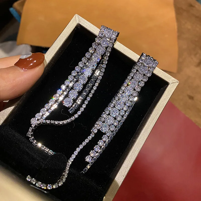 

Long fringed simple sparkling zircon vintage style French luxury fashion bride jewelry women party fashion accessory