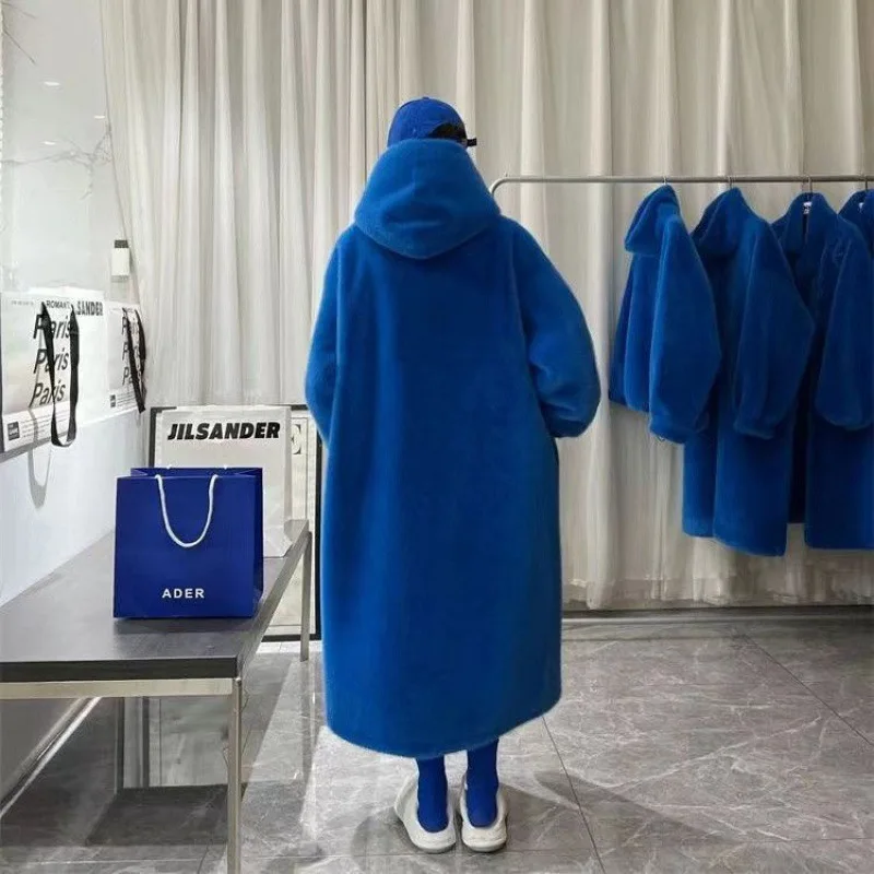 Winter New Fur Coat Women Long Thick Hooded Loose Young Imitation Mink Fluff Klein Blue Faux Fur Coat Women