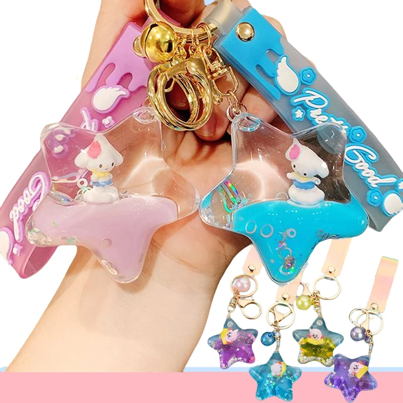 

Kawaii Sanrio Kirby Keychain Cinnamoroll Cartoon Acrylic Floating Quicksand Bottle Backpack Pendant Car Key Ring Children's Toys