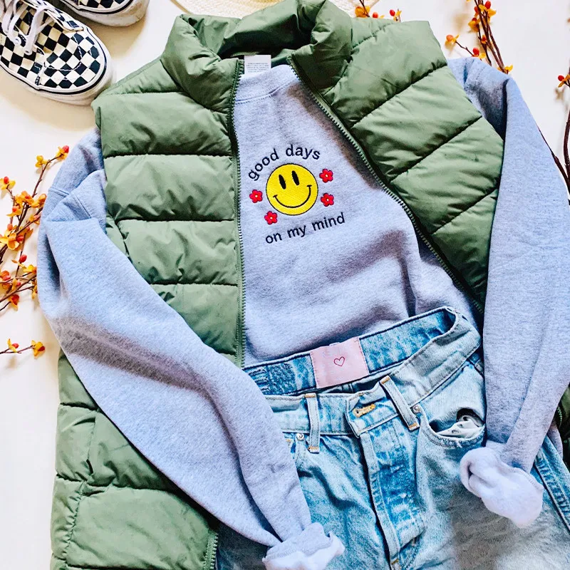 

Good Days On My Mind Female Gray embroidery Pullover Loose Thick Fleeve Sweatshirts Vintage Style Autumn Street Cute Jumper