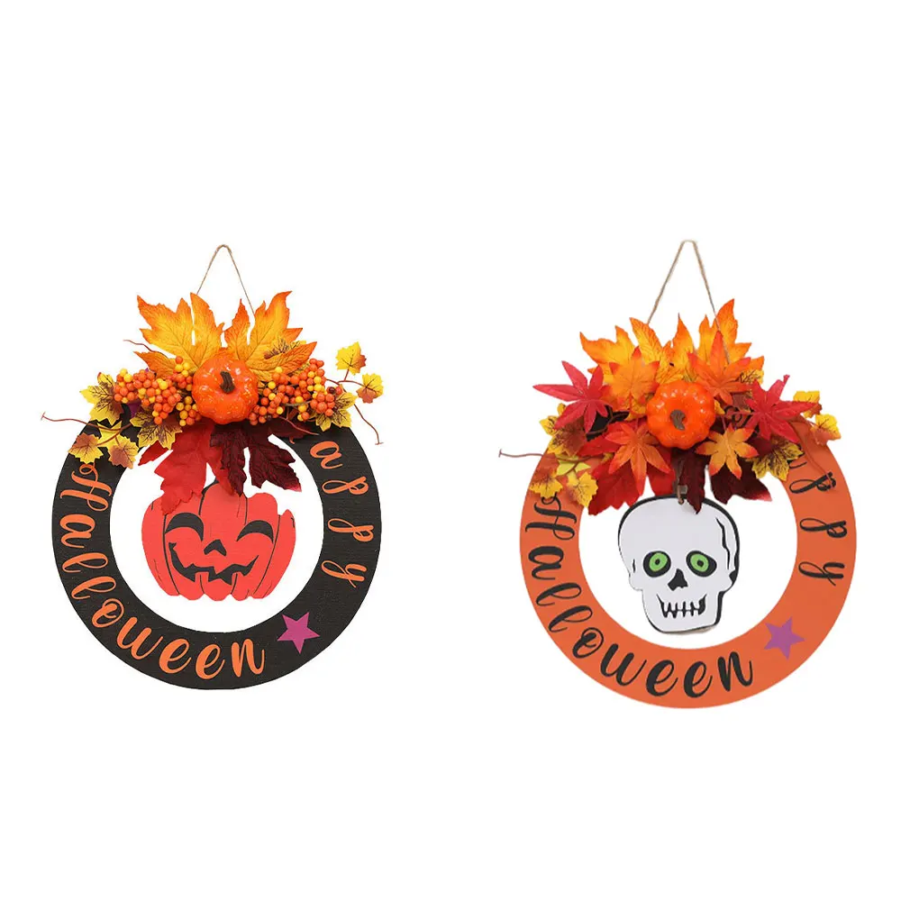 

Венок на Хэллоуин с тыквой, кленовые листья, сосновые конусы, обруч с черепом, настенная вешалка для окон, для бара, вечевечерние, тыквы