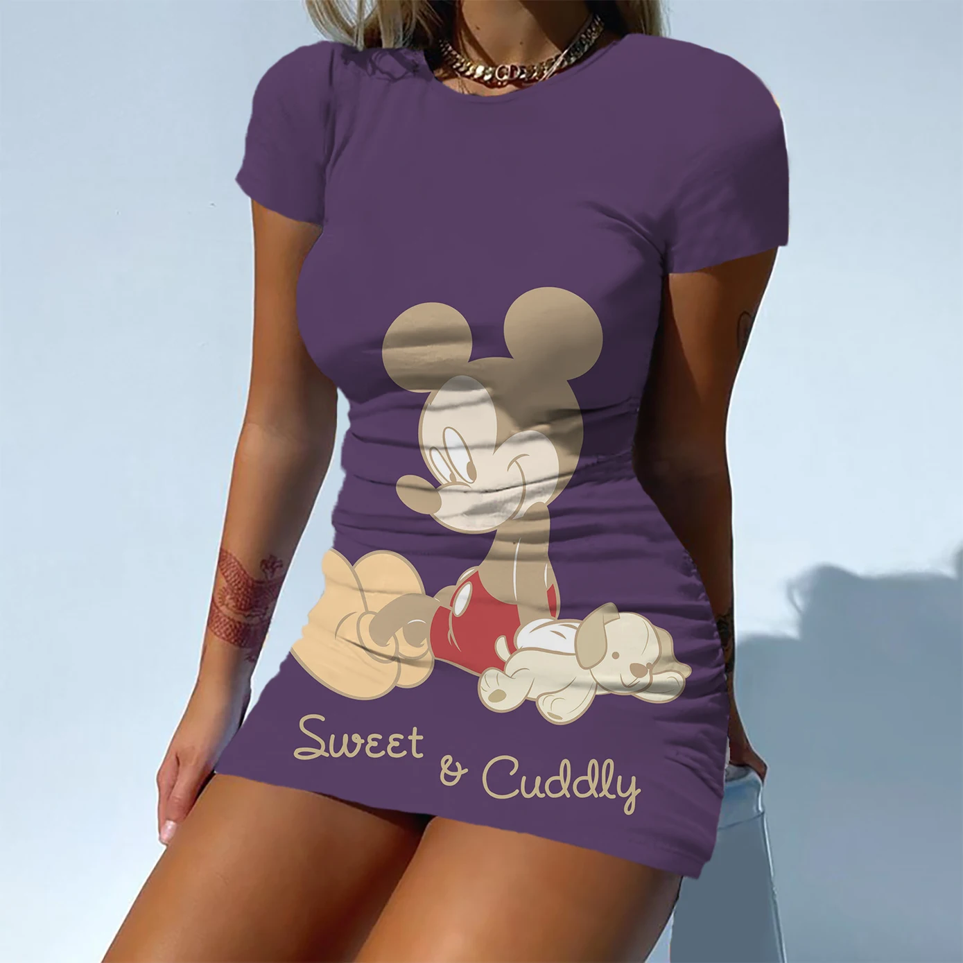 

Summer 2022 Disney Mickey Mouse Print Fashion New Clothes Sexy Tight Hip Skirt Women's Sexy Cute Anime Short Sleeves
