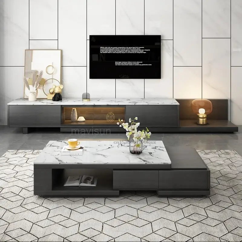 

Simple Marble TV Cabinet Coffee Table Combination Multifunctional TV Table With Led Lights Large Apartment Home Furniture