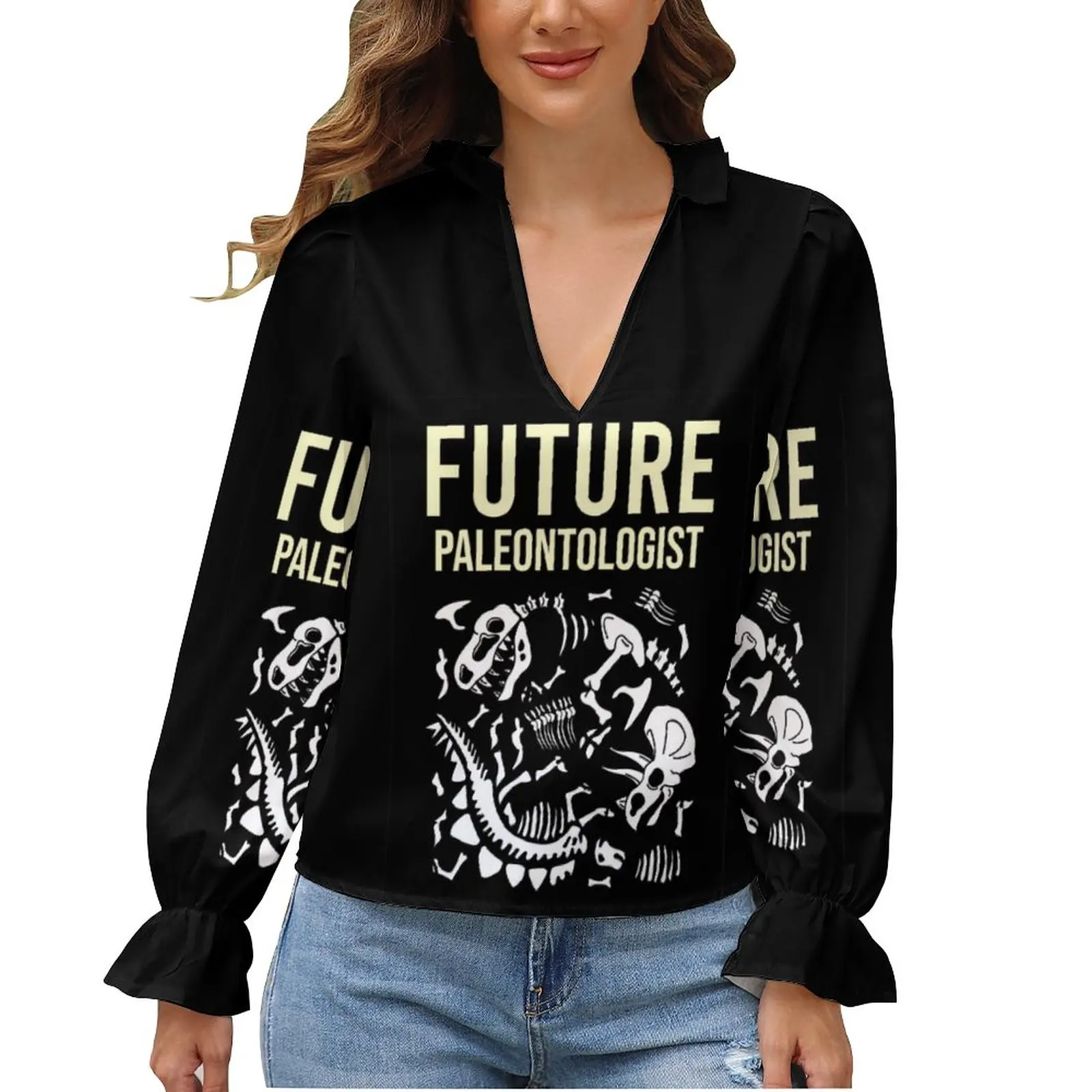 

Skeleton Chiffon Blouse Future Paleontologist Pretty Blouses New Female Long-Sleeve Pretty Shirt Autumn V Neck Printed Top