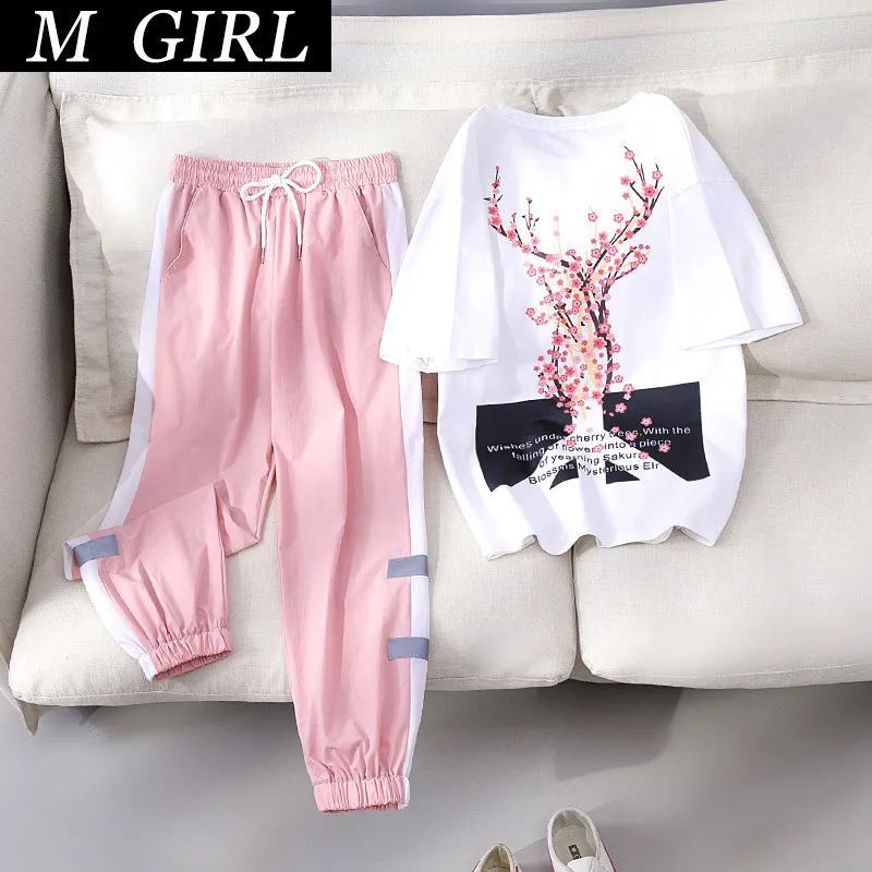 Personality Sports Tracksuit Women's  2 piece Sets Female New Flower Letter Print Tshirts and Hit colors Elastic Waist Pants Set
