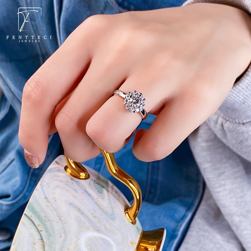 FENTTECI S925 Silver 18k Gold Plated Moissanite Ring Flower Luxury Engagement Ring For Women Wedding Proposal Ring Fine Jewelry