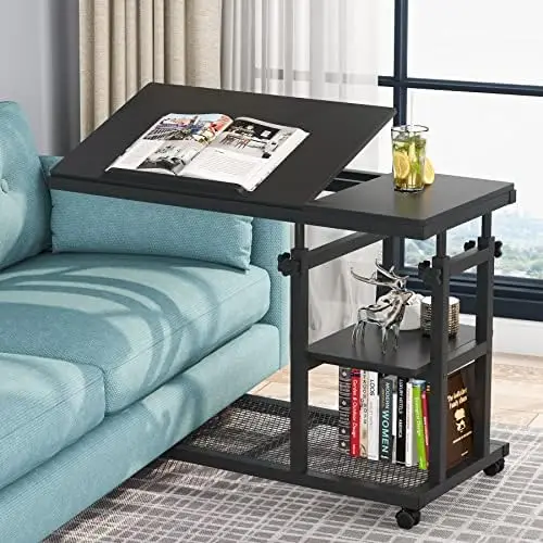 

Adjustable C Table with Wheels, Mobile Couch Snack Side Table with Tiltable Drawing Board, Sofa Bedside Laptop Stand C Shaped TV