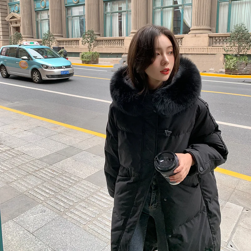 Thickened Down Jacket Women's Medium-length Winter White Duck Down Cotton Jacket Solid Colour Warm Slim Knee-length Waist Coat