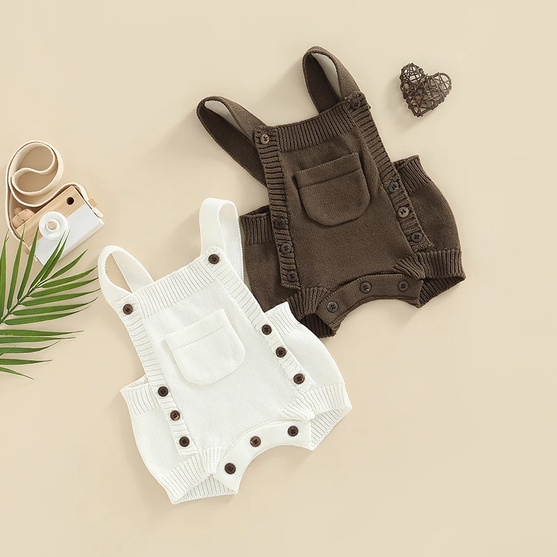 

Infant Baby Girl Boy Knitting Jumpsuit Solid Color Button Closure Suspender Pants Kids Sleeveless Square Neck Overalls
