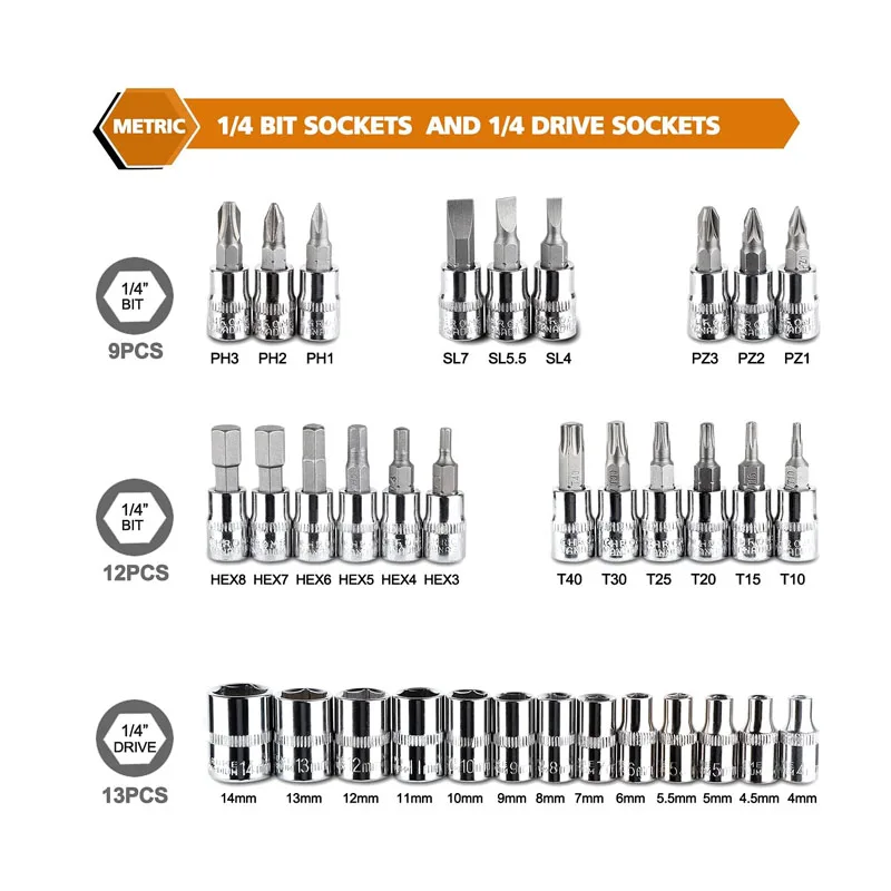 Набор гаечных ключей с трещоткой 1/4 дюйма 46 шт.