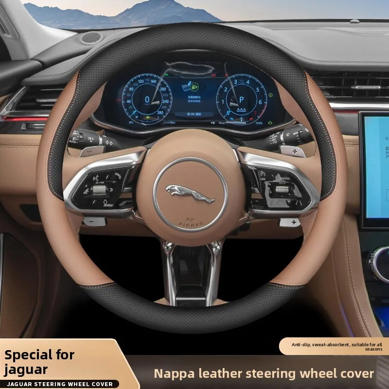 Фото Кожаный чехол на руль автомобиля для Jaguar XJ XF XE E-pace F-pace X-type XK I-pace S-type X350, аксессуары для интерьера 2025 №1