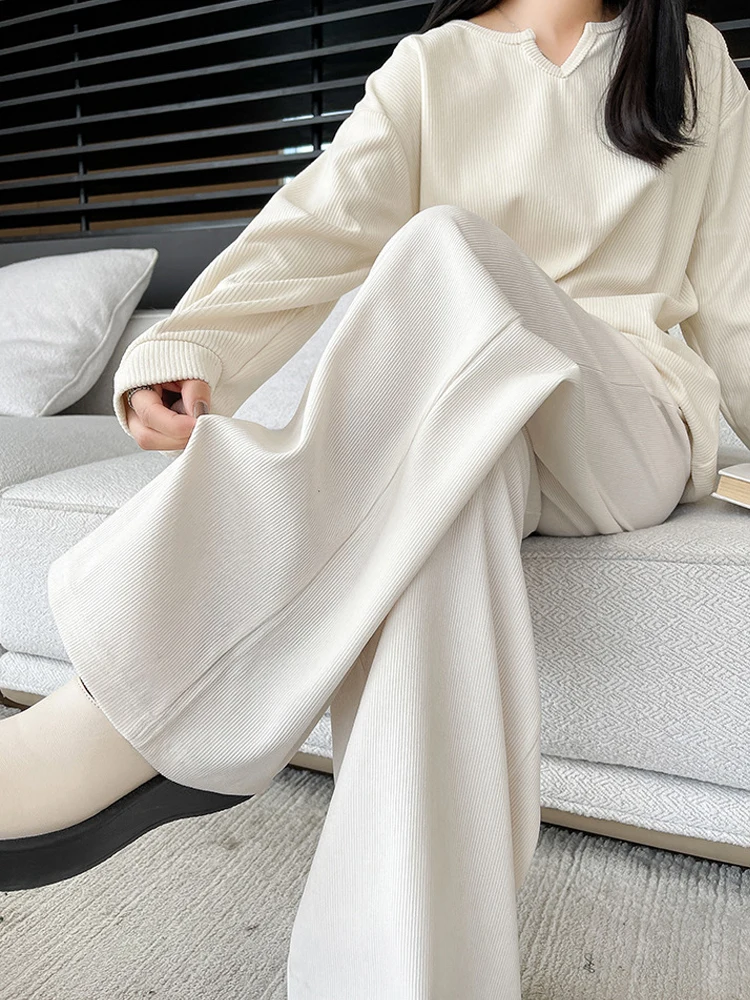 

Khaki Chenille Wide Trousers for Women 2023 Autumn Winter Slim Straight Pants High Waist Lace Up Floor-length Women's Joggers