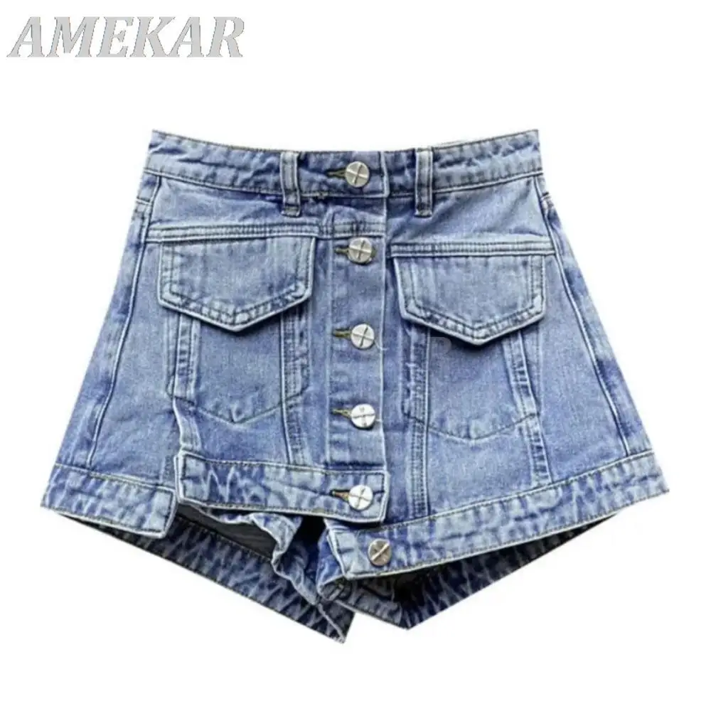 Women's Solid Jean Hot Pants Fake 2-Pieces High Waist A-line Denim Shorts Streetwear Gothic Lady Summer Pocket Chic Short Jeans