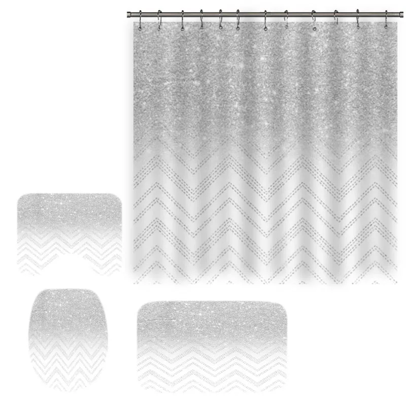 

Stylish Silver Glitter Ombre Chevron Fade Pattern Geometric Bathroom Curtain Shower Curtain Set Zigzag Sparkles Bath Rugs Decor