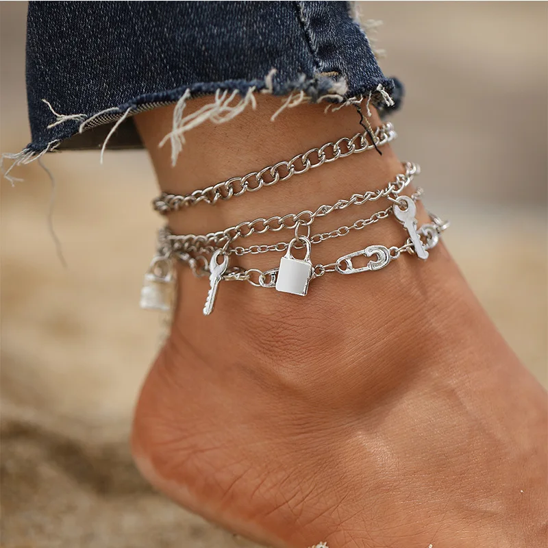 Delysia King  Key lock multilayer anklet creative personality punk style silver metal chain anklet