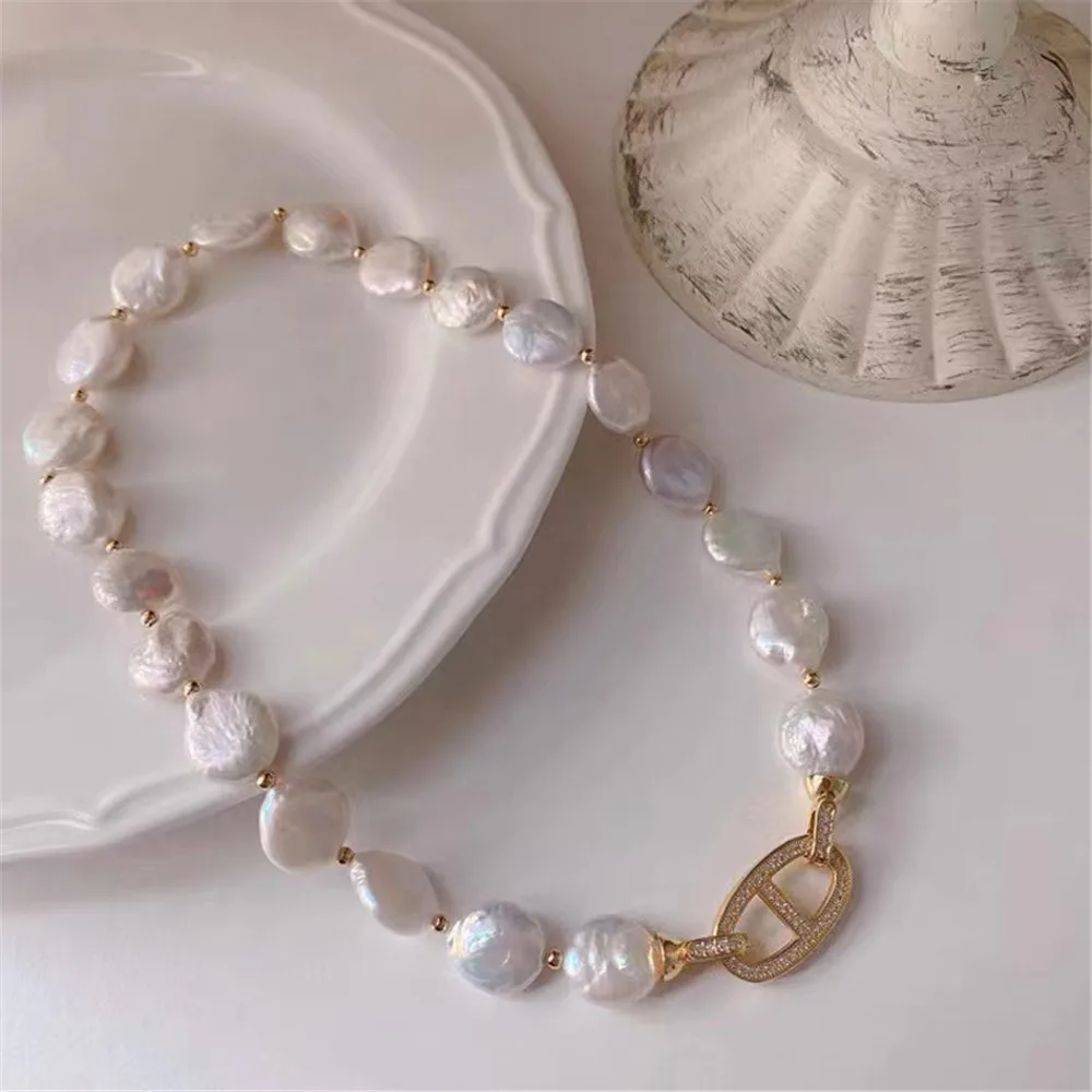 

S925 Sterling silver plated white gold double breasted natural pearl necklace bracelet buckle fashion style