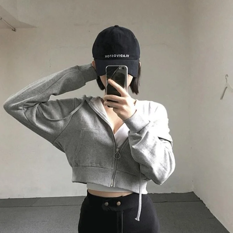 

Deeptown Grey Crop Zip Up Hoodie Women Korean Fashion Basic Solid White Hooded Sweatshirts Female Harajuku Chic Casual Loose Top