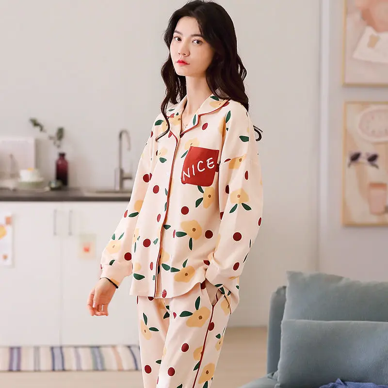 QWEEK Women's Cotton Pajamas Spring Autumn Sleepwear Teen Girls Home Clothes Pyjamas Cute Puppy Pijamas Suit for Home Loungewear
