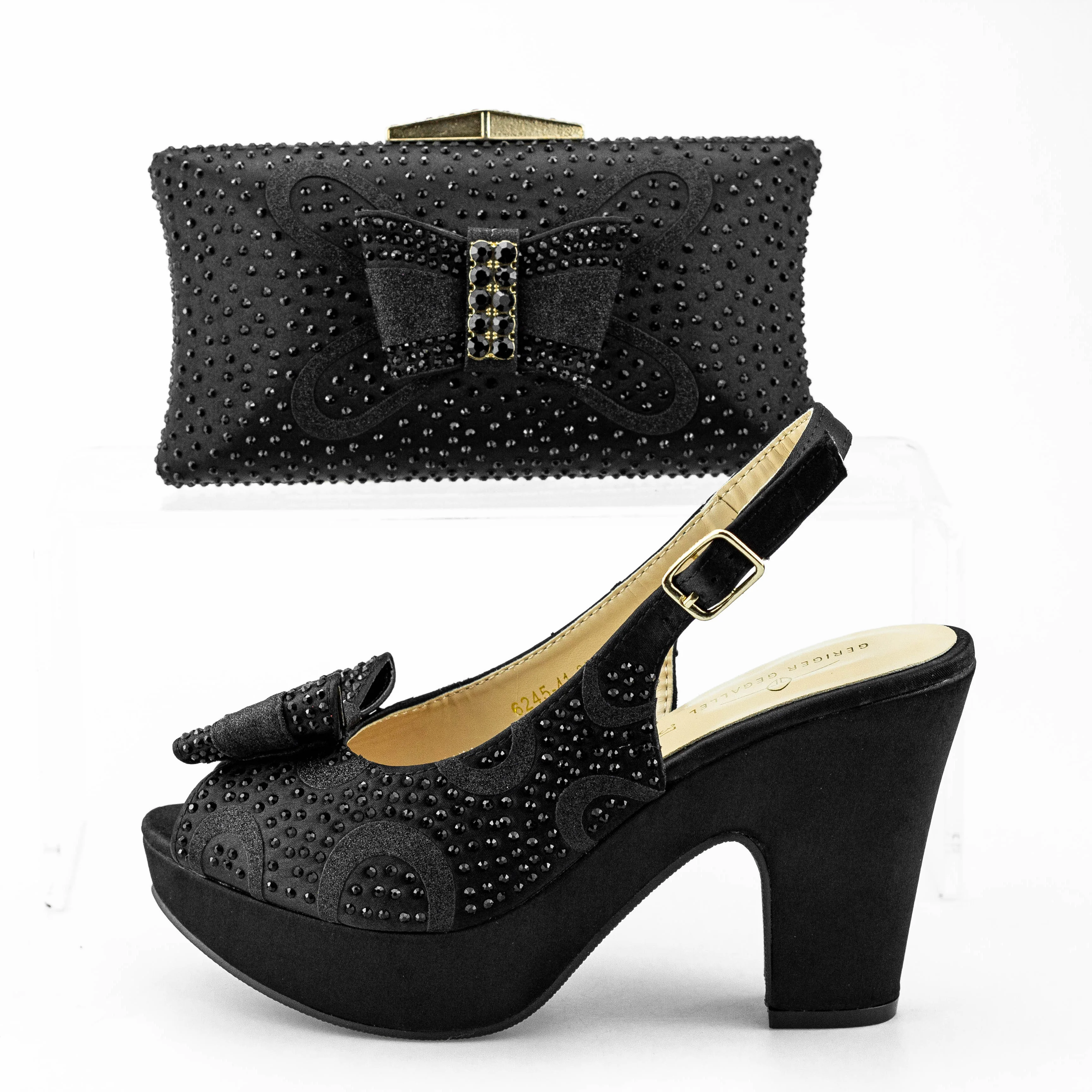 Green Color Crystal Luxury Bling Bling Chunky Heel Friends Party Shoes Nigerian Fashion Ladies Shoe and Bag for Party Woman NEW