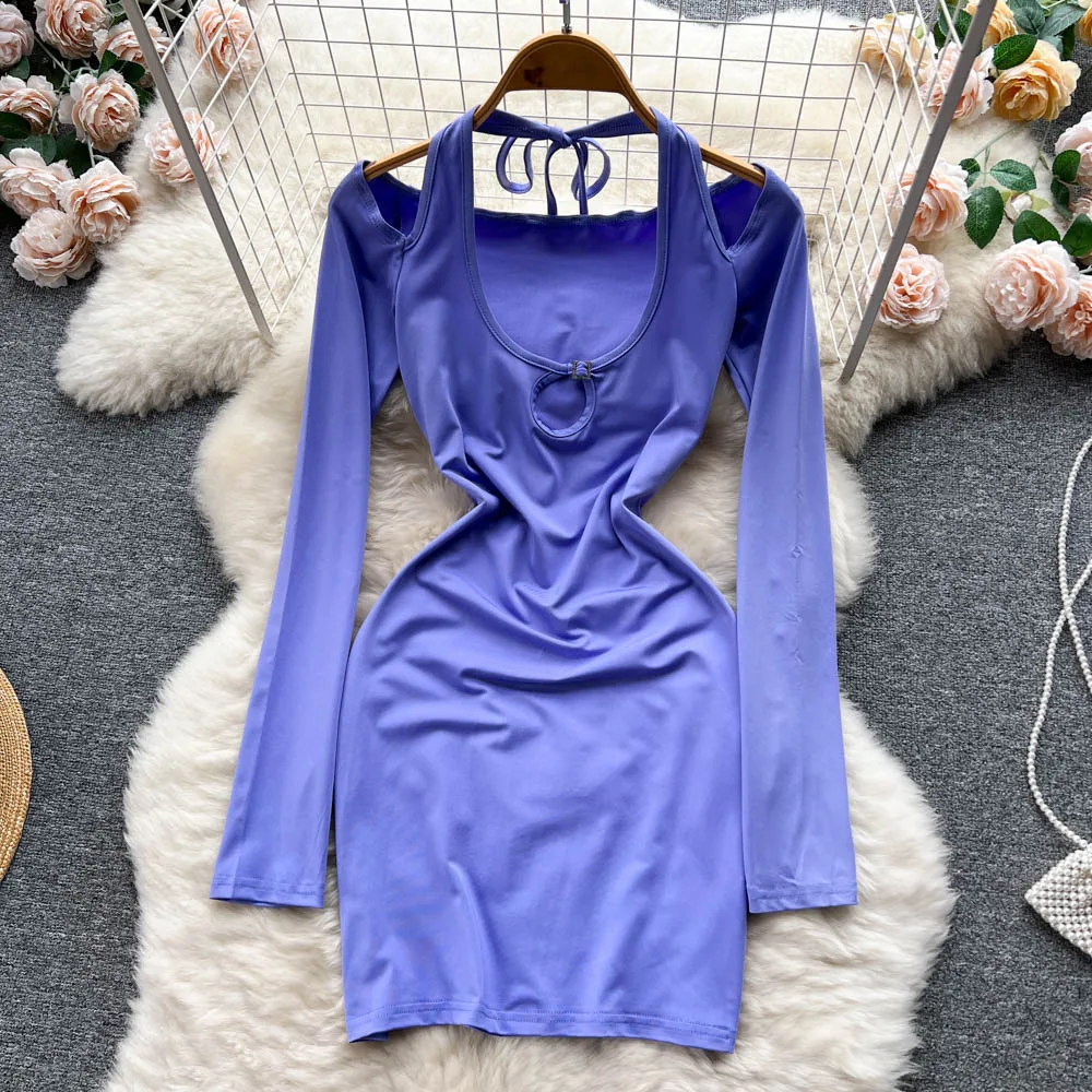 

Новинка осеннее сексуальное платье для девушек в европейском и американском стиле с вырезом-подвеской посылка легающее однотонное платье ...