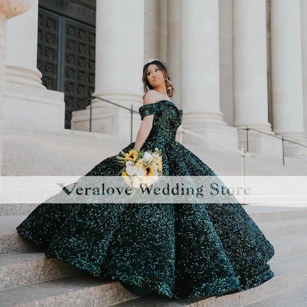 

Sparkle vestidos de 15 anos Quinceanera Dresses 2022 Sequin Lace-Up Back Off The Shoulder Short Sleeves Sweet 16 robes de soirée