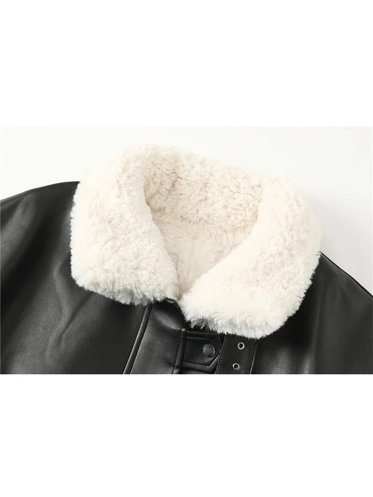 MOLAN Fur Leather Winter Woman Warm Coat  Thick Fashion Loose Long Sleeve Locomotive Loose Jacket Female Chic Outwear