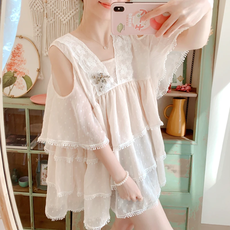 

Summer Women Mori Kei Girls Sweet Girly Loose Plus Size Lace Patchwork Ruffled Dotted Chiffon Shirts/Blouses