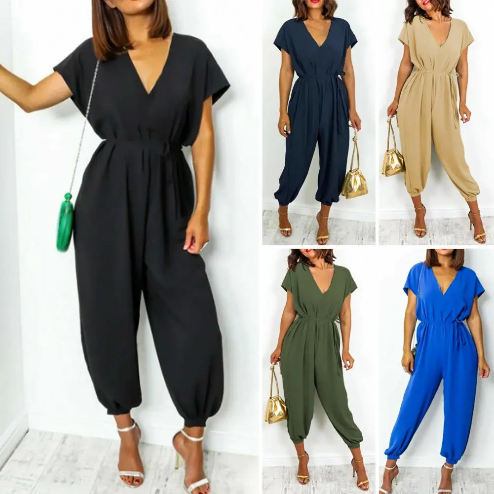 

V-neck Short Sleeve Jumpsuit For Woman Casual Long Jogger Pants Playsuit 2023 Summer Overalls Bodysuits Rompers