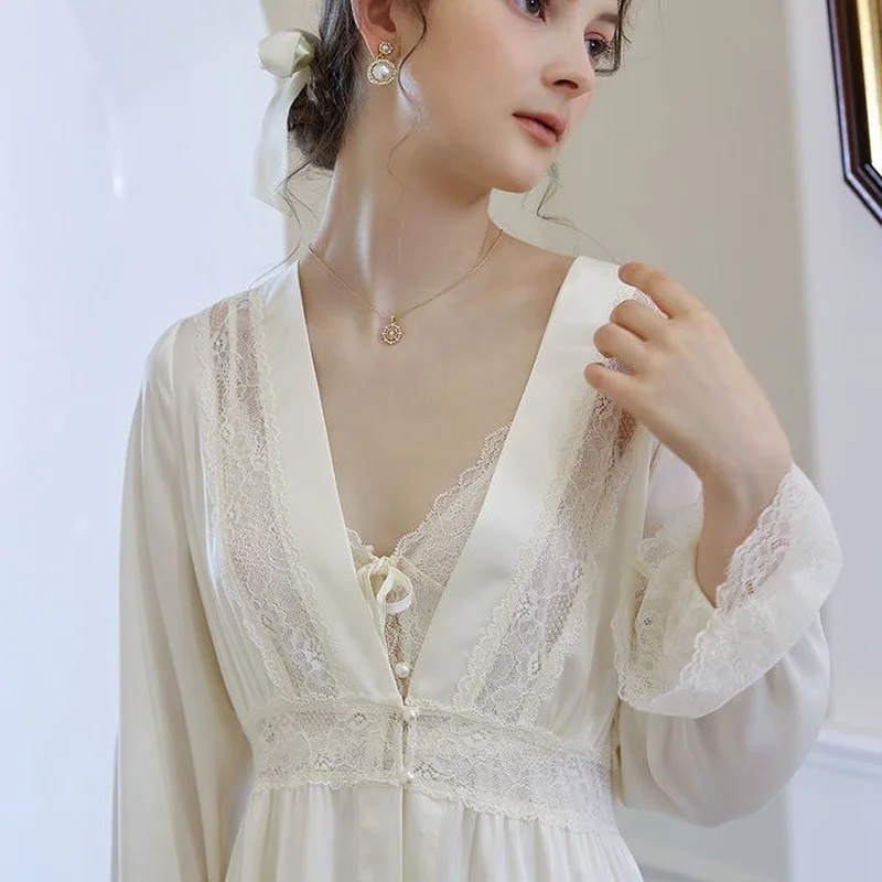 

HOUZHOU Sexy Silk Robes for Women Two Piece Sleep Set Bathrobe Bow Lace Sleepwear Pour Female Luxury Dressing Gown Negligee