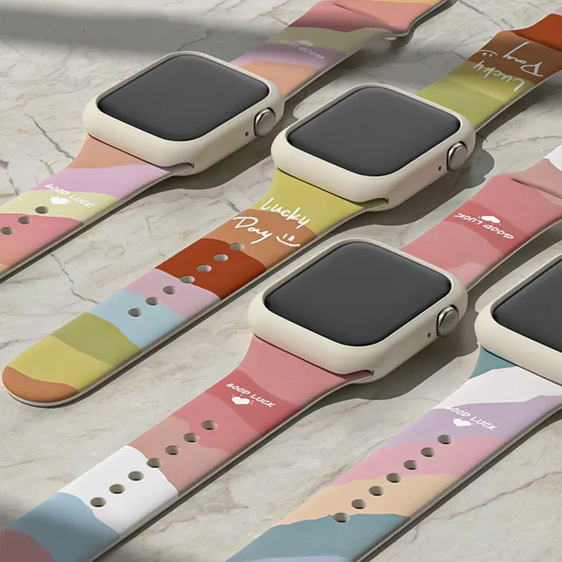 

Strap For Apple Watch 6 Band 44mm 40mm 38mm Silicone Wristband 42mm 45mm 41mm Lucky Printing Bracelet For iWatch 7 6 5 4 3 SE