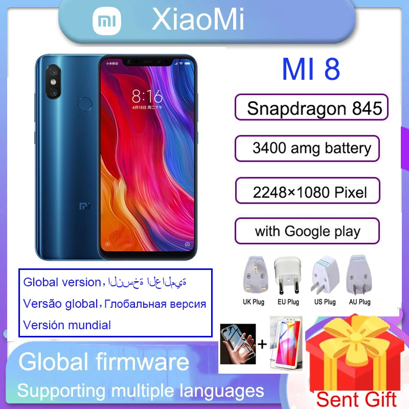 Global Version Xiaomi 8 Cellphone 3400 Amh Battery Dual Card 6.21 Inch Bluetooth 5.0 Adreno 630 2248 × 1080 Pixels