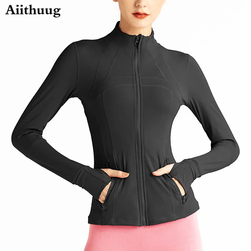 

Aiithuug Women's Lightweight with Pockets Yoga Jacket Athletic Running Track Jackets Slim Fit Workout Jacket with Thumb Holes
