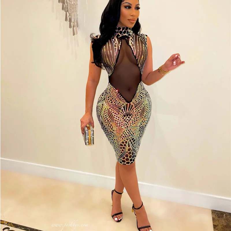

\Mandylandy Women Sexy Sequins Bodycon Evening Dress Fashion Mesh See Through Night Clubwear High Waist Corset Mini Dress