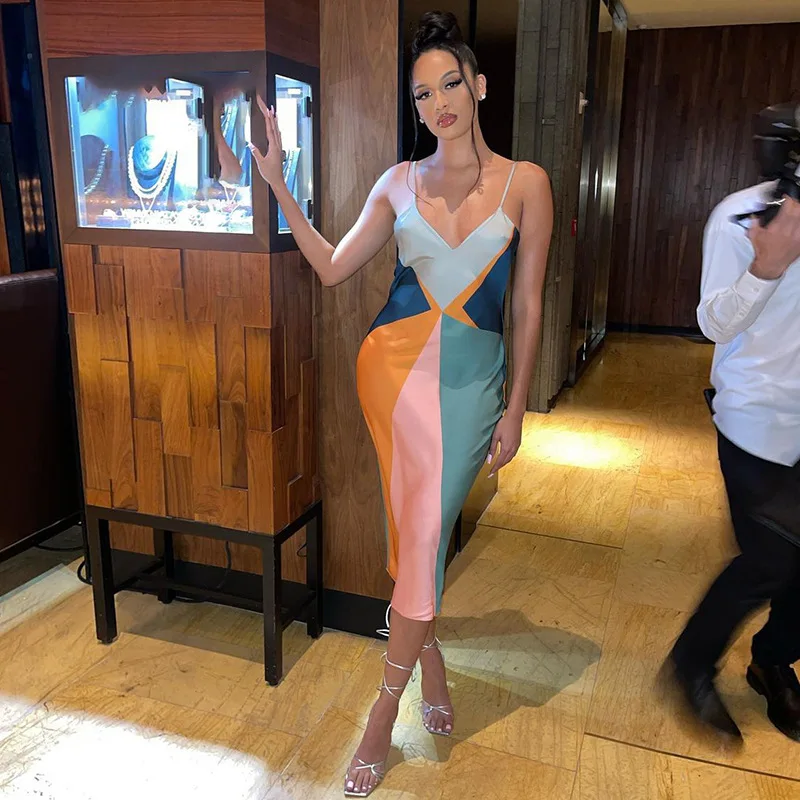 

European and American Style 2022 Autumn Women's New Sexy Slim Home Dress With Color Contrast Printing