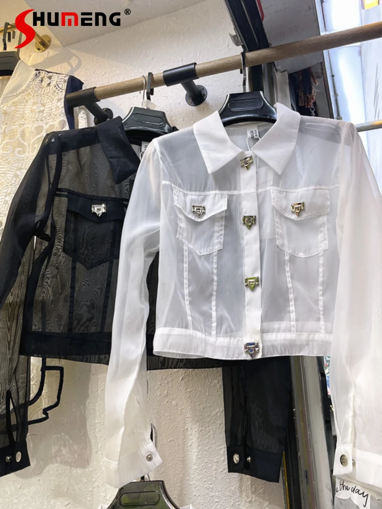 

Streetwear Woman Thin Metal Single-Breasted Jackets Summer Long Sleeve Sun-Protection Overshirt Commute All-Matching Short Coat