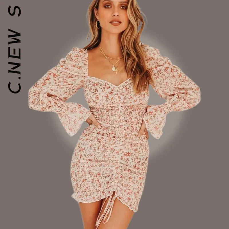 

C.New S Dress Women Fashion Girl Floral Print Sashes Shirt Dress Ladies Dress Simple Temperament Woman Clothes Vestidos Female