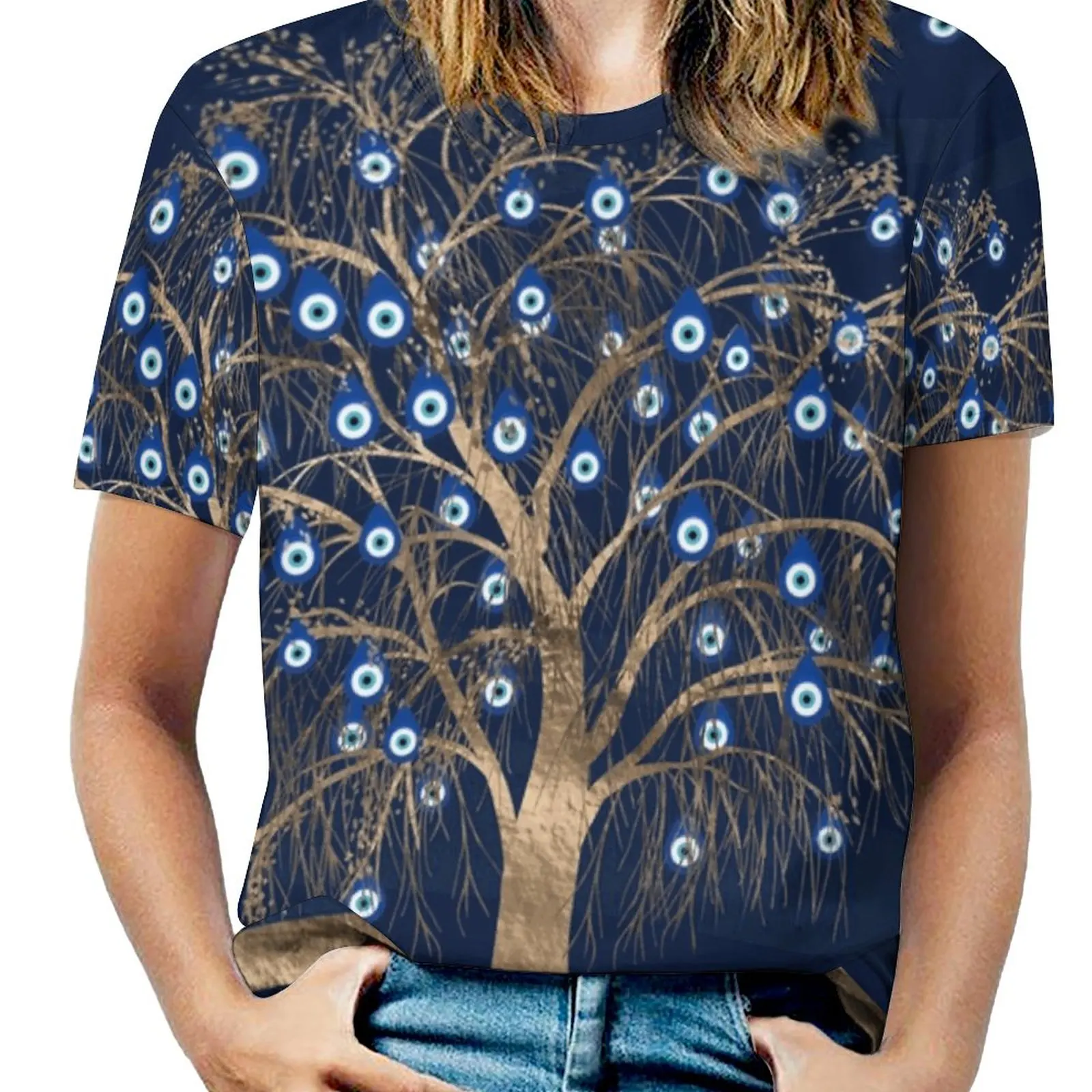 Nazar Charm Tree-Gold на темно-синем женской молнии Различные стили Футболки с принтом