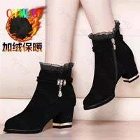 2021 spring, autumn and winter suede short boots thick heel women's boots sexy lace wild side zipper nude boots womens shoes