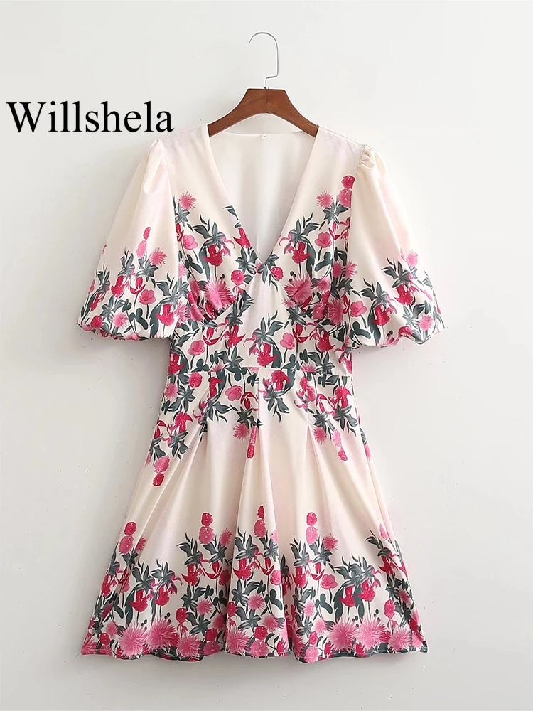 

Willshela Women Fashion Flowers Mini Dress Vintage V-Neck Short Puff Sleeves Female Chic Dresses Mujer Outfits