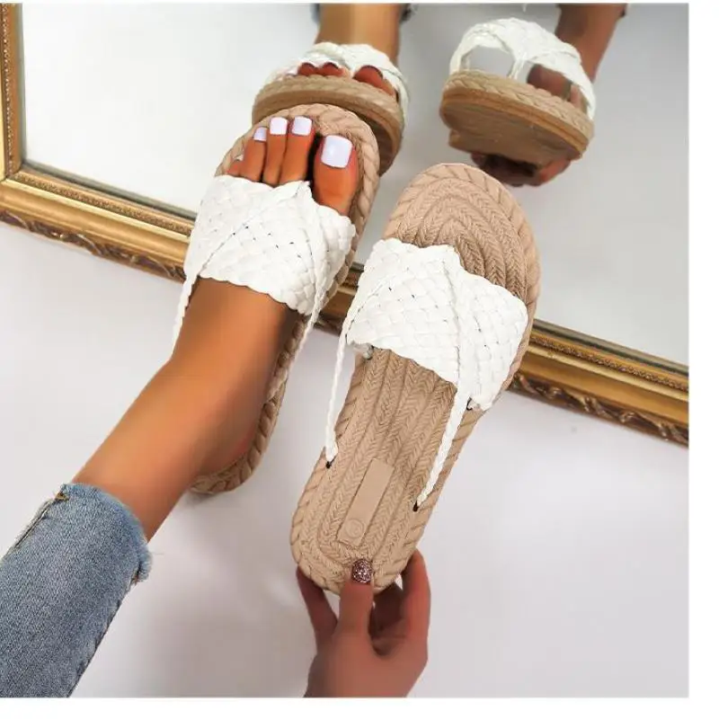 

Шлепанцы женские плетеные, сплошной цвет, открытый носок, пляжные сандалии, плоская подошва, повседневная обувь для отдыха