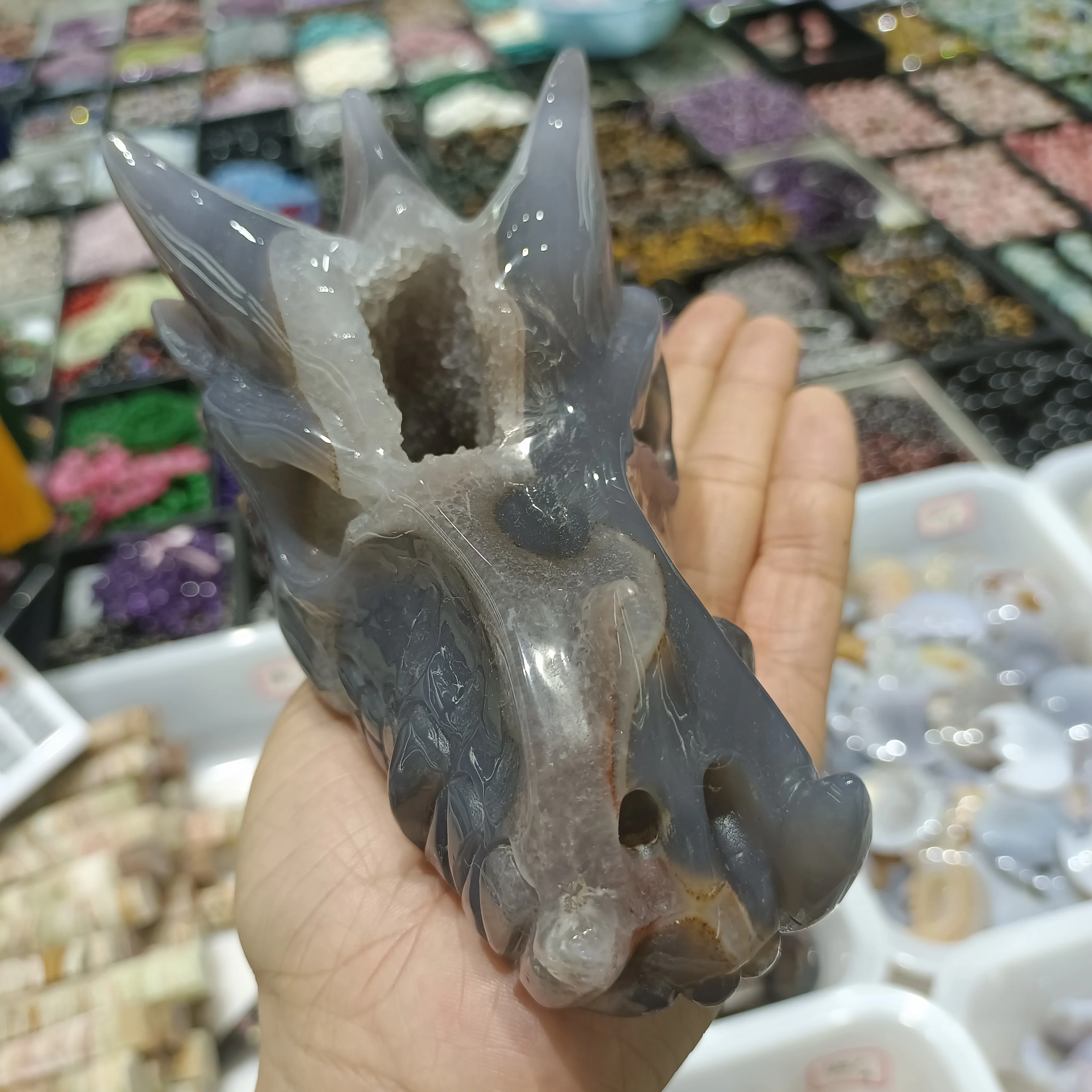 

Natural Geode Agate Hand Carved Dragon Head Crystal Energy Ore Home Office Decoration Craft Gifts Mineral Reiki Spirit Healing