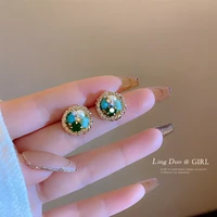 2022 new trendy retro baroque green crystal pearl stud earrings for women small elegant exquisite all match for women jewelry