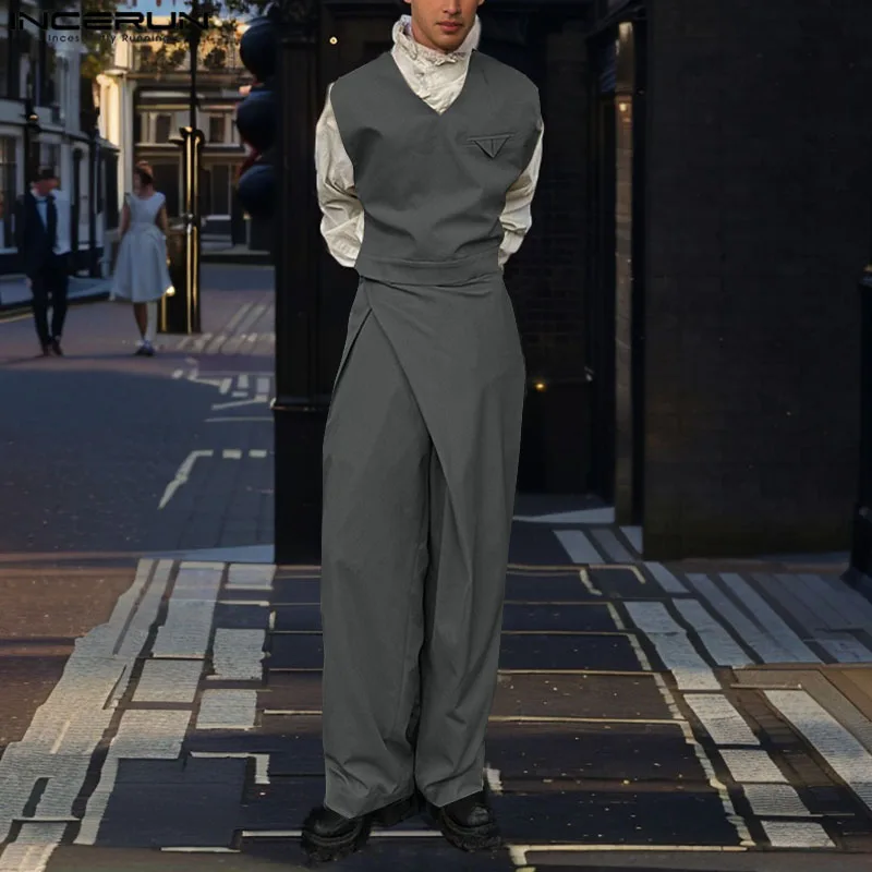 Стильные мужские комплекты INCERUN 2024 деконструктивный дизайн однотонные