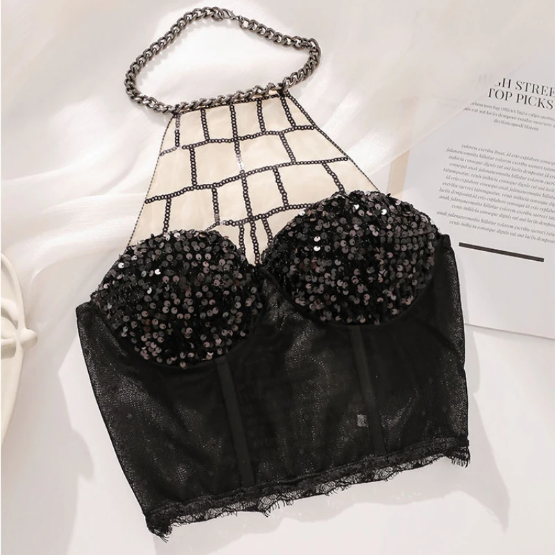 

Women's Sexy Hot Sweet Sequined Party Camis Chain Halter With Chest Pad Corset Mesh Splicing Tank Tops Backless Black Crop Top