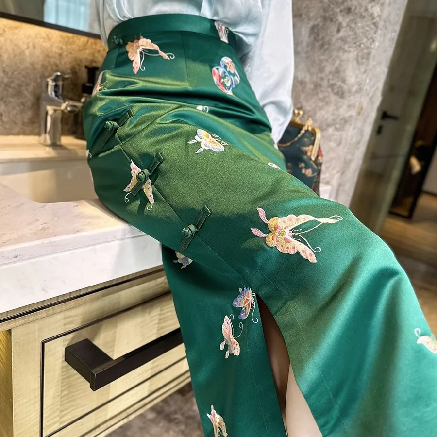 Женская трапециевидная юбка в китайском стиле с высокой талией