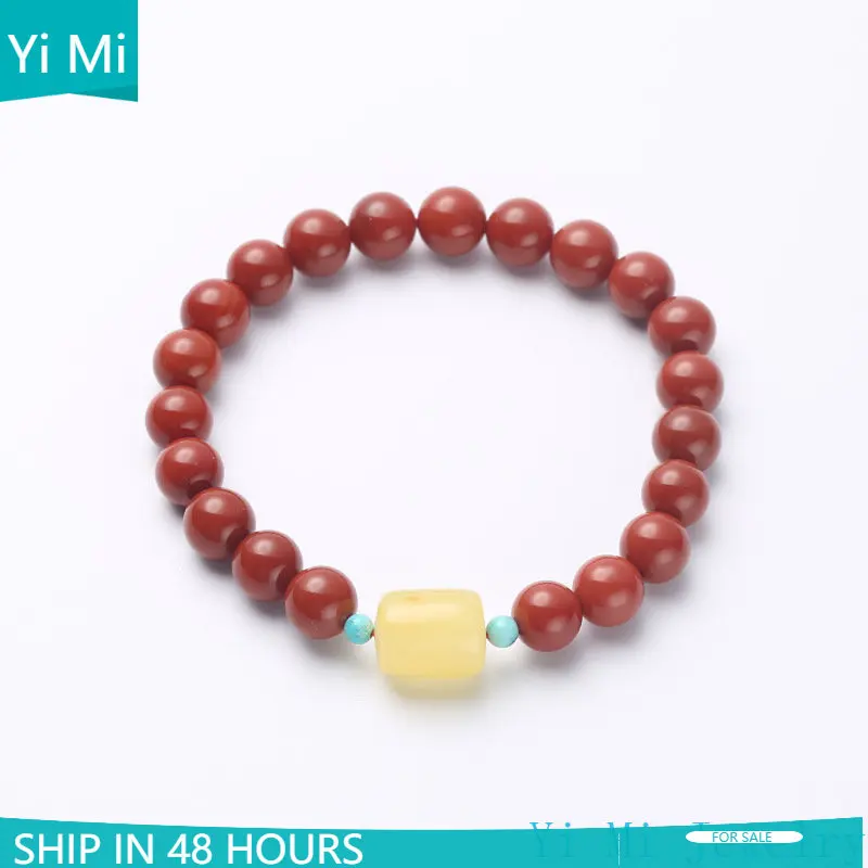 

Natural 8mm South Red Agate Bracelet Single Circle Beeswax with Shaped Bucket Beads with Raw Ore Turquoise Hand String Female