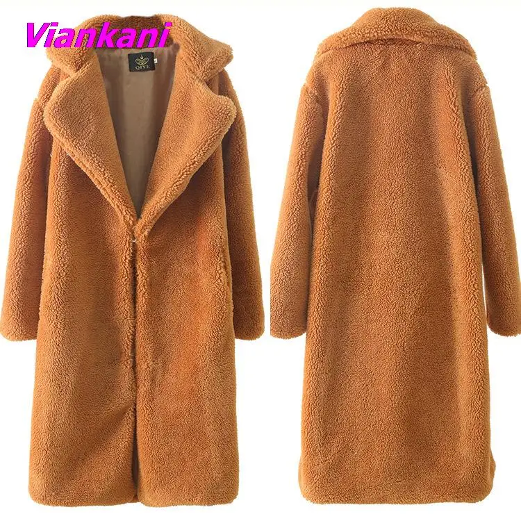 2022 New Faux Lamb Fur Coat Women Autumn Winter Lapel Slim Chic Long Fur Jackets Simple Solid Female Clothing Black Yellow Coats