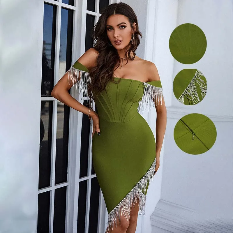 

Fringed Red/Green Strapless Bandage Sexy Tight-Fitting Club Celebrity Party Women Off Shoulder Tassel Skinny Lady Outfits Dress